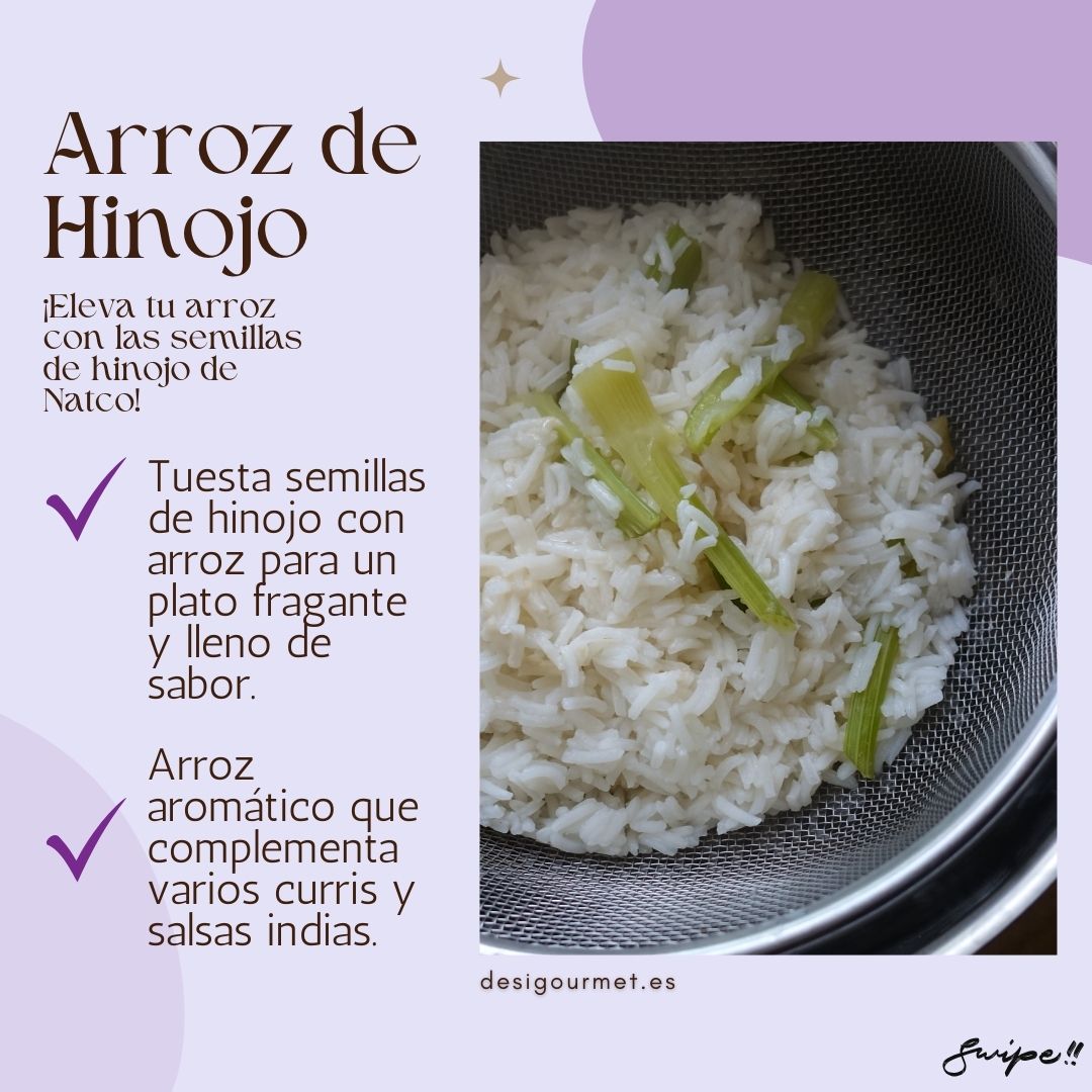"Eleva tu arroz con las semillas de hinojo de Natco. Tuesta con arroz para un plato fragante y lleno de sabor. Arroz aromático que complementa curris y salsas indias."
