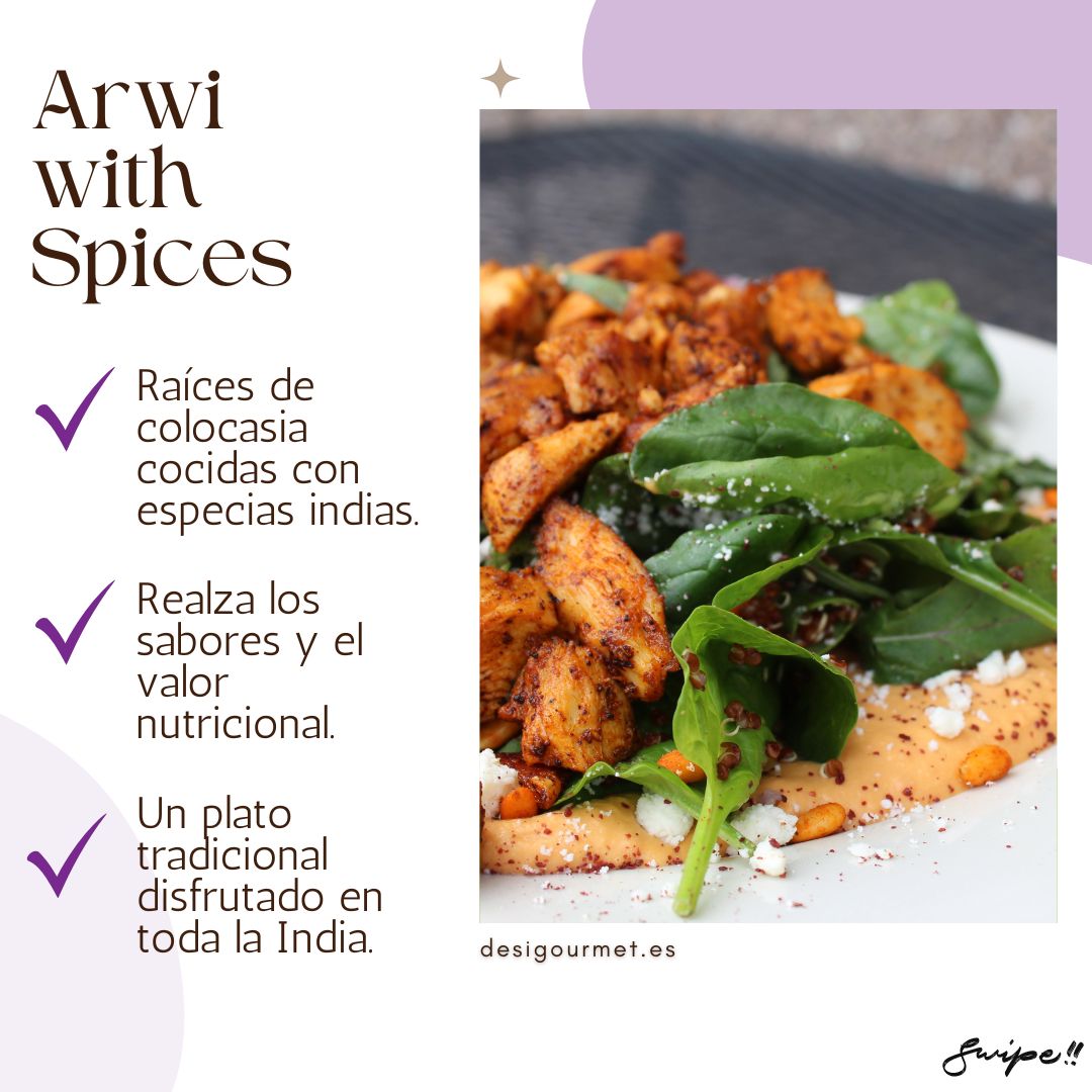 English: Arwi (Colocasia Roots) 340g, great for cooking with Indian spices for enhanced flavor. Spanish: Arwi (Raíces de Colocasia) 340g, perfecto para cocinar con especias indias para un sabor realzado.
