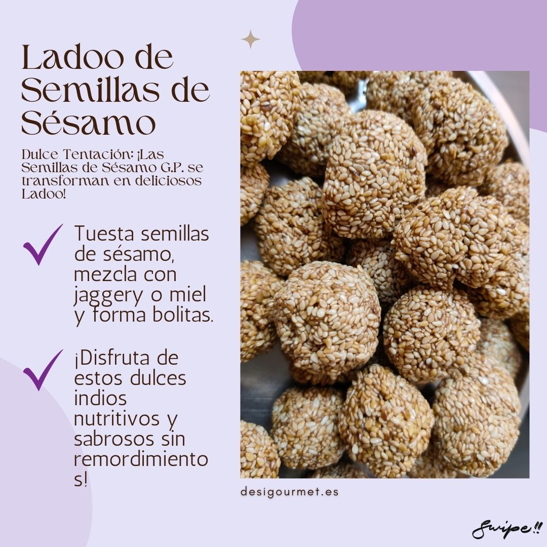 Meta Description: "Disfruta de estos deliciosos Ladoo de semillas de sésamo, tostadas y mezcladas con jaggery o miel. Un dulce nutritivo y sabroso. #Ladoo #DulcesIndios"