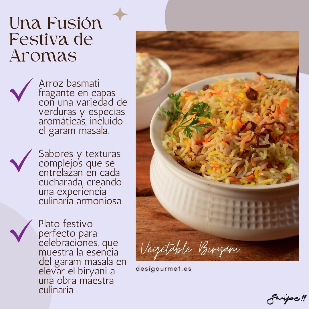 Fragrant basmati rice layers with vegetables and aromatic spices, including garam masala. Complex flavors and textures in each bite, ideal for festive celebrations.