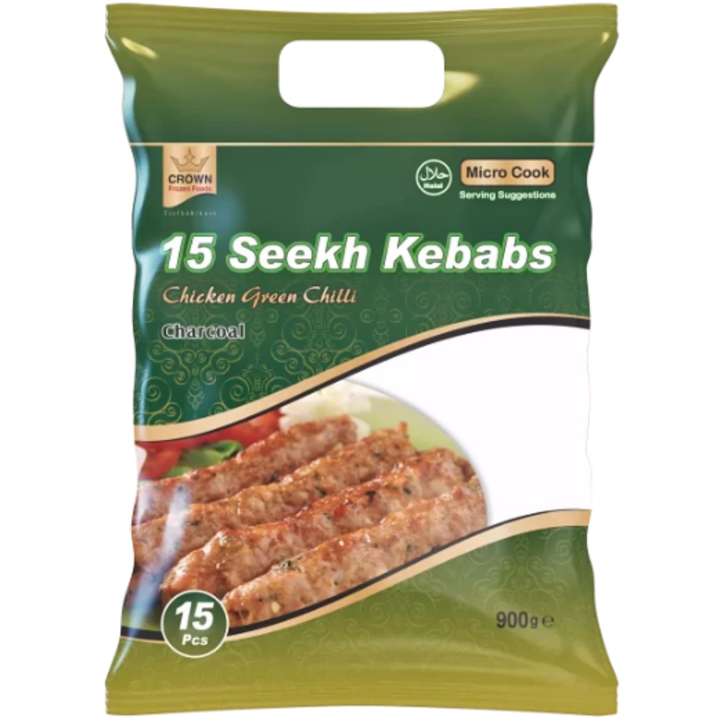 Kebab de Pollo (Congelado) | Chicken Green Chilli Seekh Kebab 900g/15pcs.Crown (Frozen)