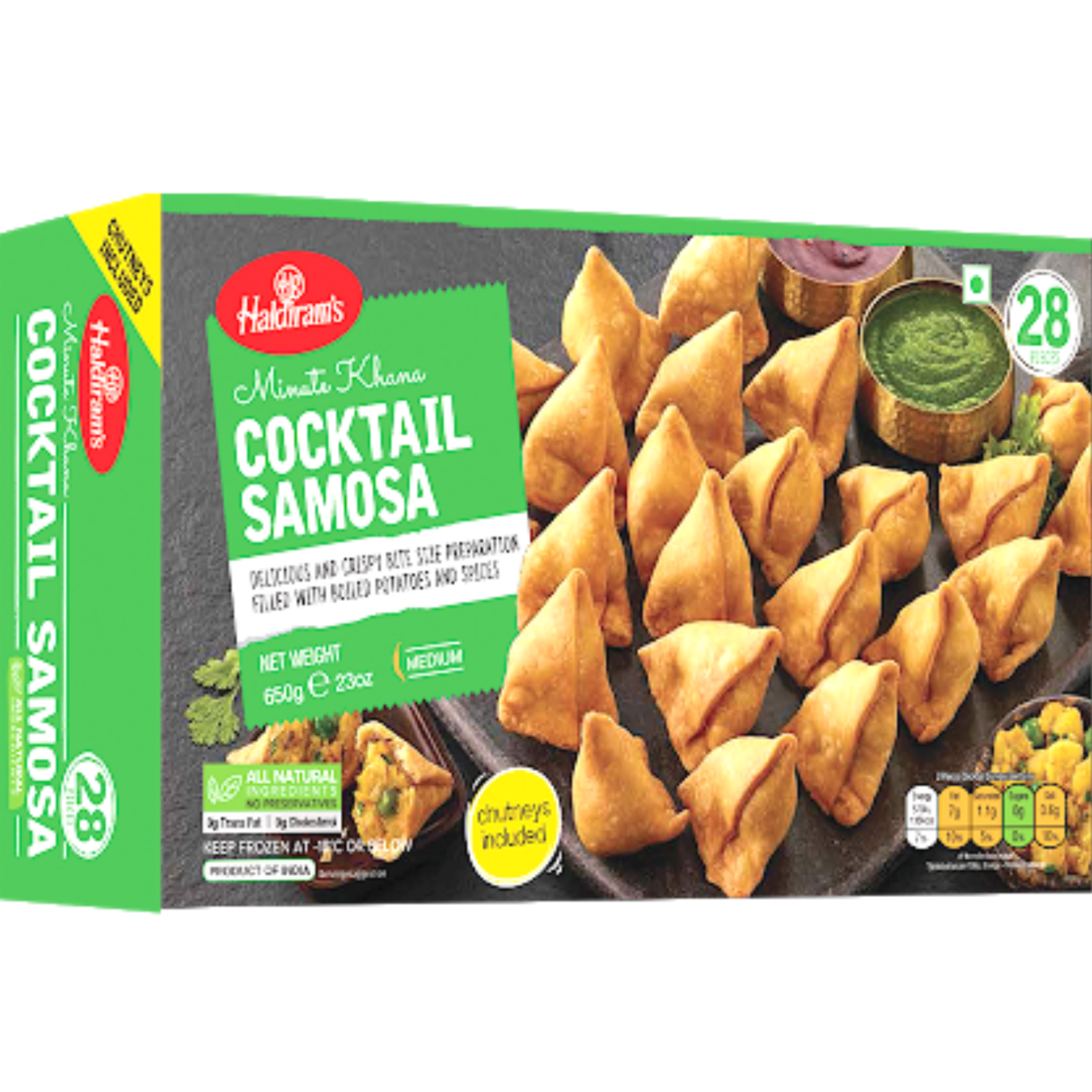 Haldiram's Veg Cocktail Samosa 650g: Crispy, protein-packed samosas with authentic Indian spices. Order now from desighubourmet.com for your next party!