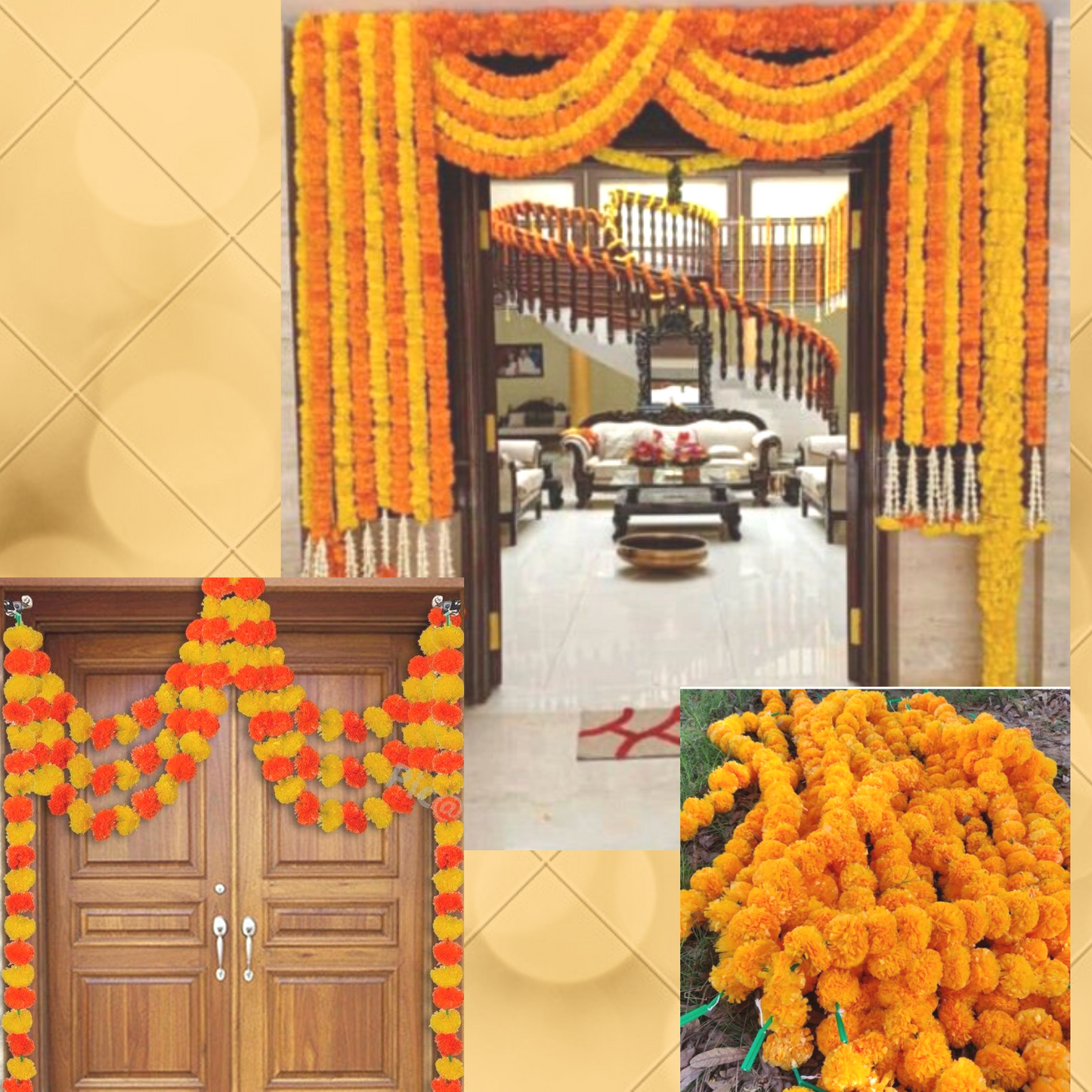 Artificial Flower Garland Strings | Phool Mala Artificial Marigold (Light Orange) 1pcs.
