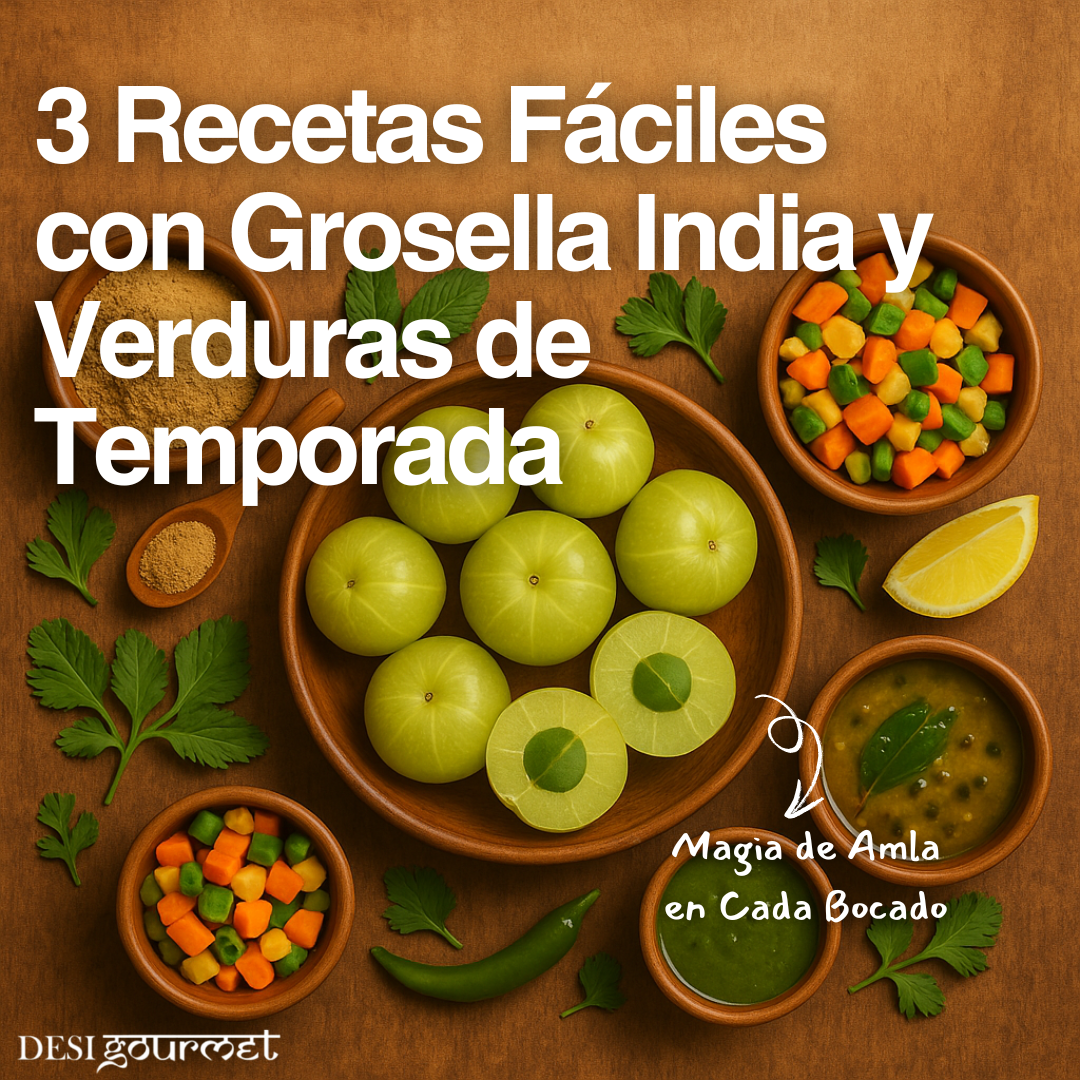 Grosellas indias frescas con verduras de temporada, chutneys y especias sobre fondo rústico de madera.
