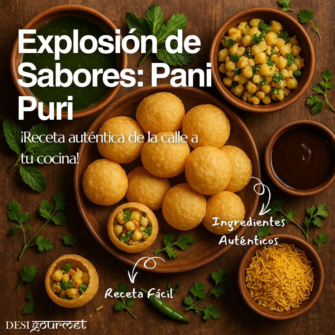 Pani Puri auténtico con relleno de garbanzos, agua especiada, chutney de tamarindo y sev crujiente, rodeado de menta y cilantro fresco.