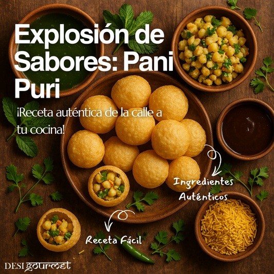 Pani Puri auténtico con relleno de garbanzos, agua especiada, chutney de tamarindo y sev crujiente, rodeado de menta y cilantro fresco.