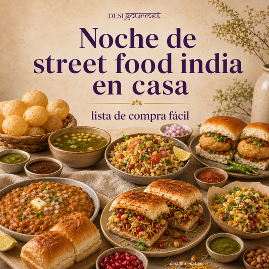 Mesa con pani puri, pav bhaji, bhel puri, vada pav, dabeli, chutneys y guarniciones frescas, sobre un fondo beige cálido.