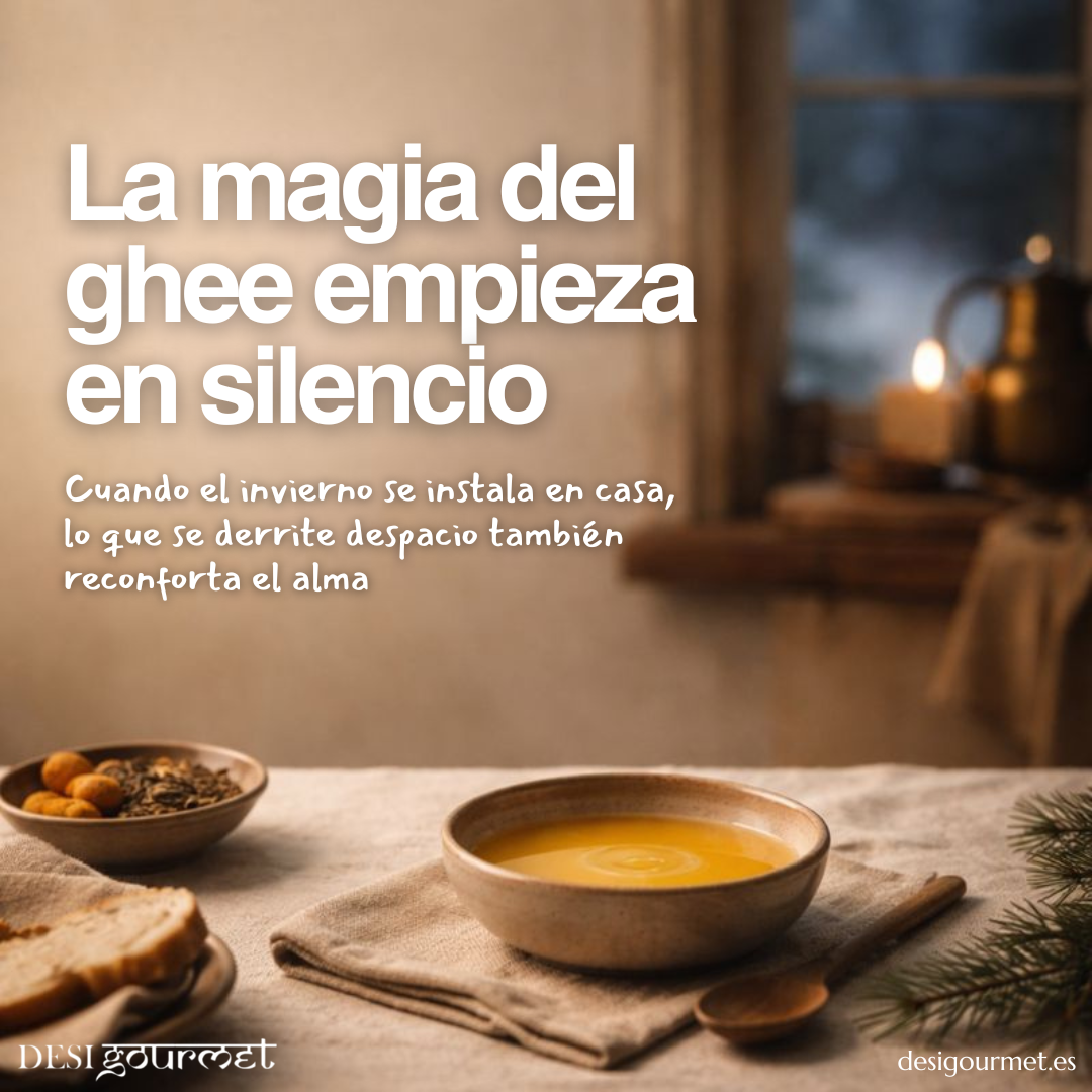 Ghee dorado en cocina española de invierno, ambiente cálido y reconfortante