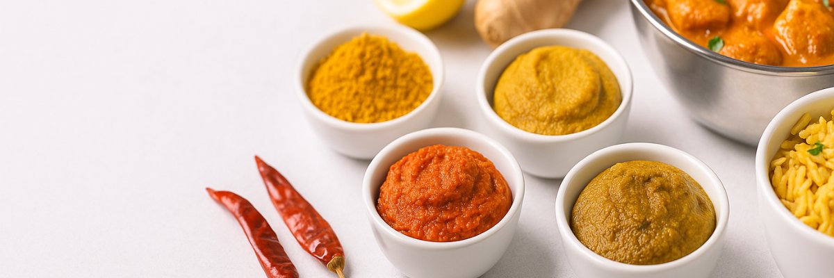 A selection of Indian cooking pastes including TRS Minced Garlic Paste, So Thai Lemongrass Paste, and Patak's Biryani Spice Paste, accompanied by a bowl of yellow curry.