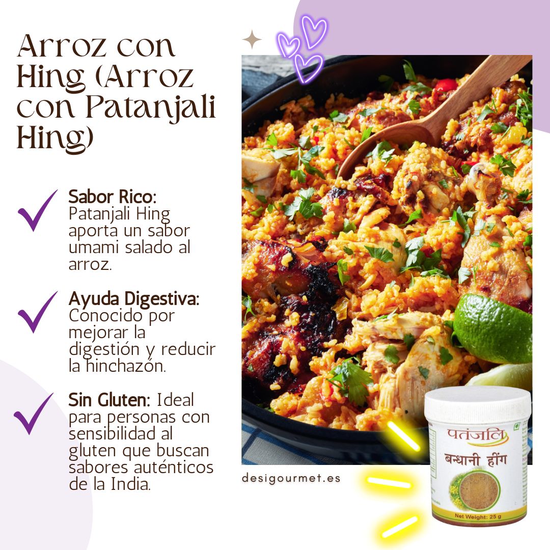 Un vibrante plato de Arroz con Hing con Patanjali Hing. El plato ofrece un sabor umami salado, ideal para personas sensibles al gluten que buscan sabores auténticos de la India.