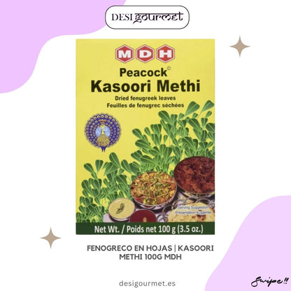 "Buy MDH Kasoori Methi 100g online at Desi Gourmet. Dried fenugreek leaves perfect for adding a unique flavor to your dishes. Ideal for curries, sauces, and more."