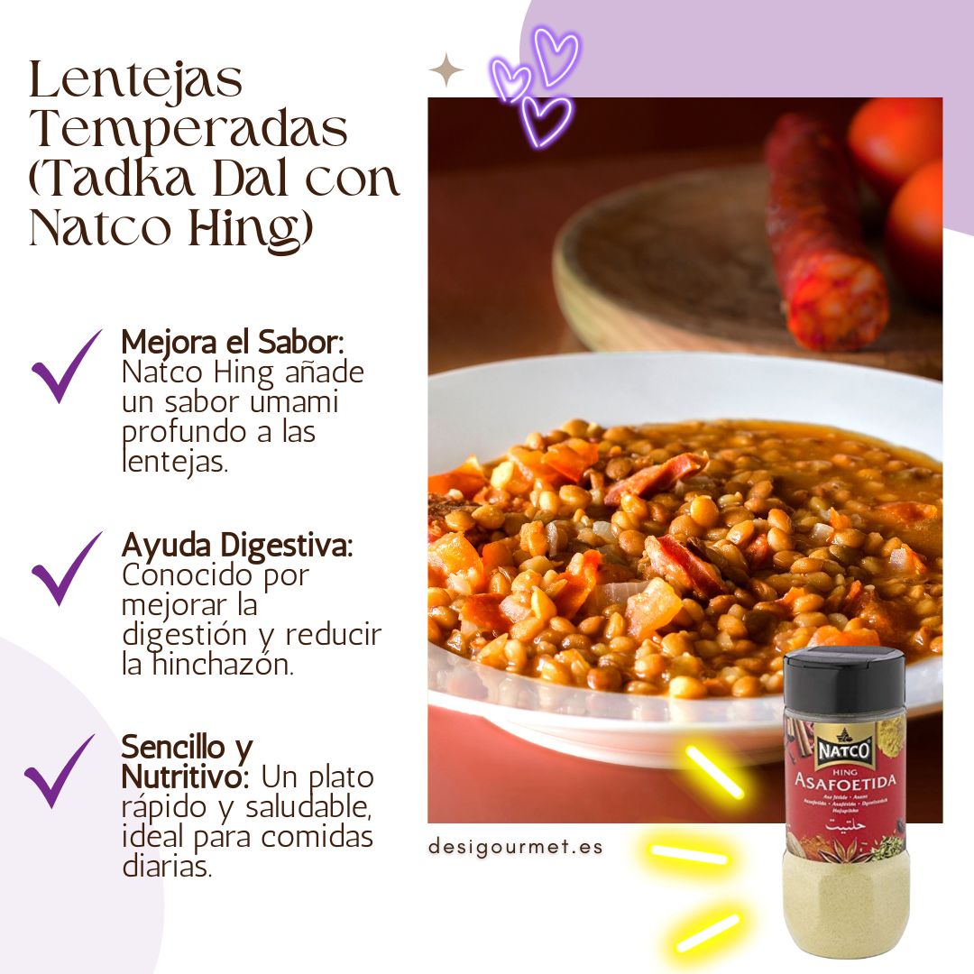 A bowl of seasoned lentils (Tadka Dal) made with Natco Hing, known for its rich umami flavor and digestive benefits. A quick and nutritious meal for everyday dining." Spanish: "Un bol de lentejas temperadas (Tadka Dal) preparado con Natco Hing, conocido por su rico sabor umami y beneficios digestivos. Una comida rápida y nutritiva para el día a día