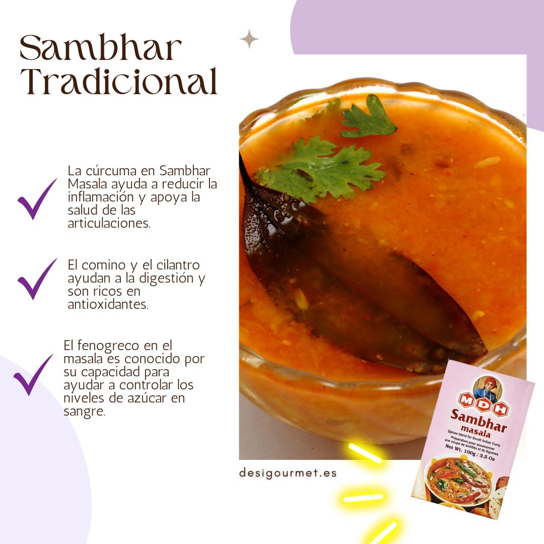 MDH Sambhar Masala aids digestion, turmeric reduces inflammation, essential for traditional Sambhar.