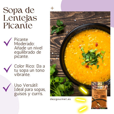 Sopa de Lentejas Picante Alt Text: "Delicious and vibrant spicy lentil soup garnished with fresh herbs. The soup features a balanced spice profile, rich color, and is perfect for soups, stews, and curries, enhanced with Natco Chilli Powder."


