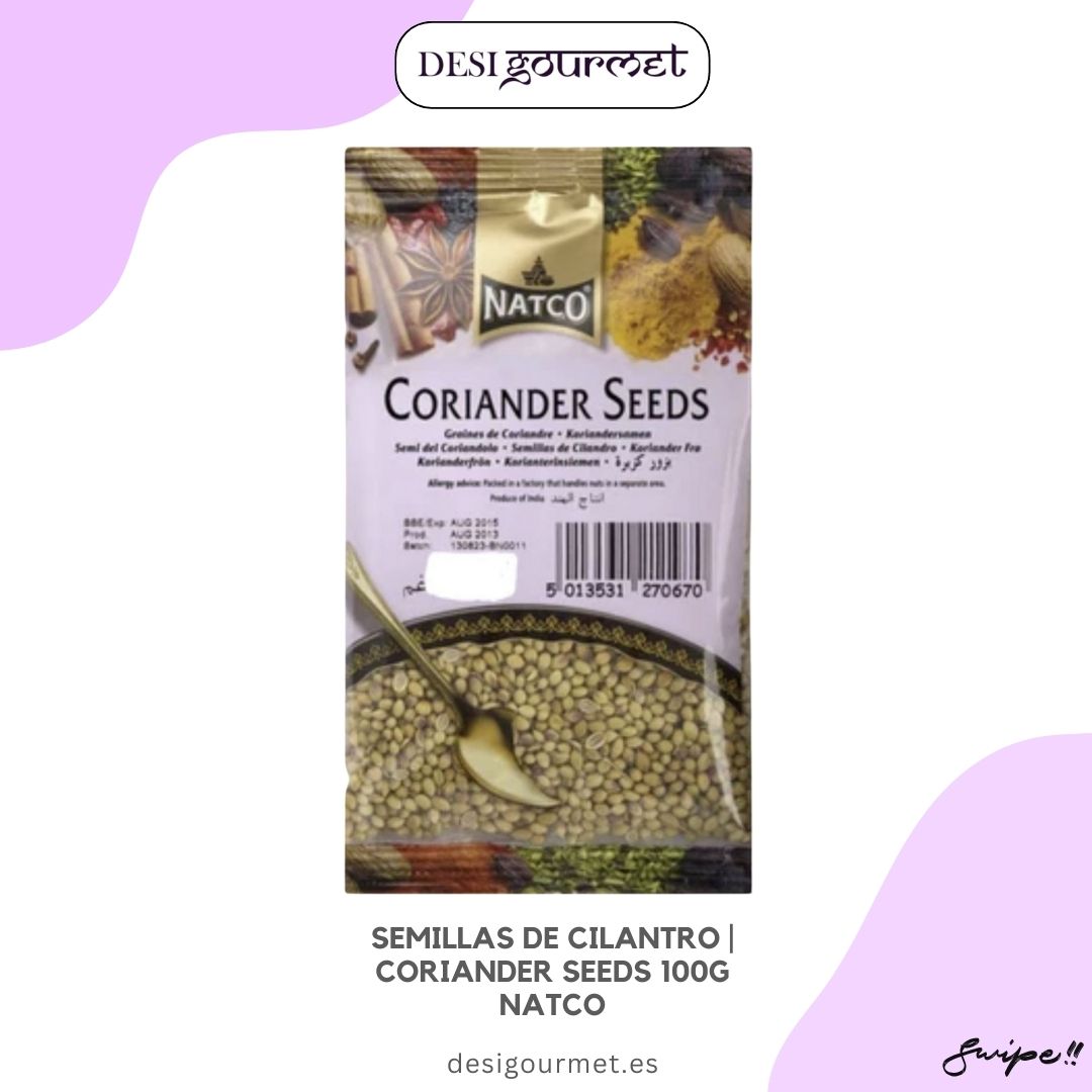 "Discover the aromatic delight of Coriander Seeds 100g Natco, perfect for seasoning your dishes with the fresh, citrusy flavor of cilantro. Enhance your culinary creations with Desi Gourmet."