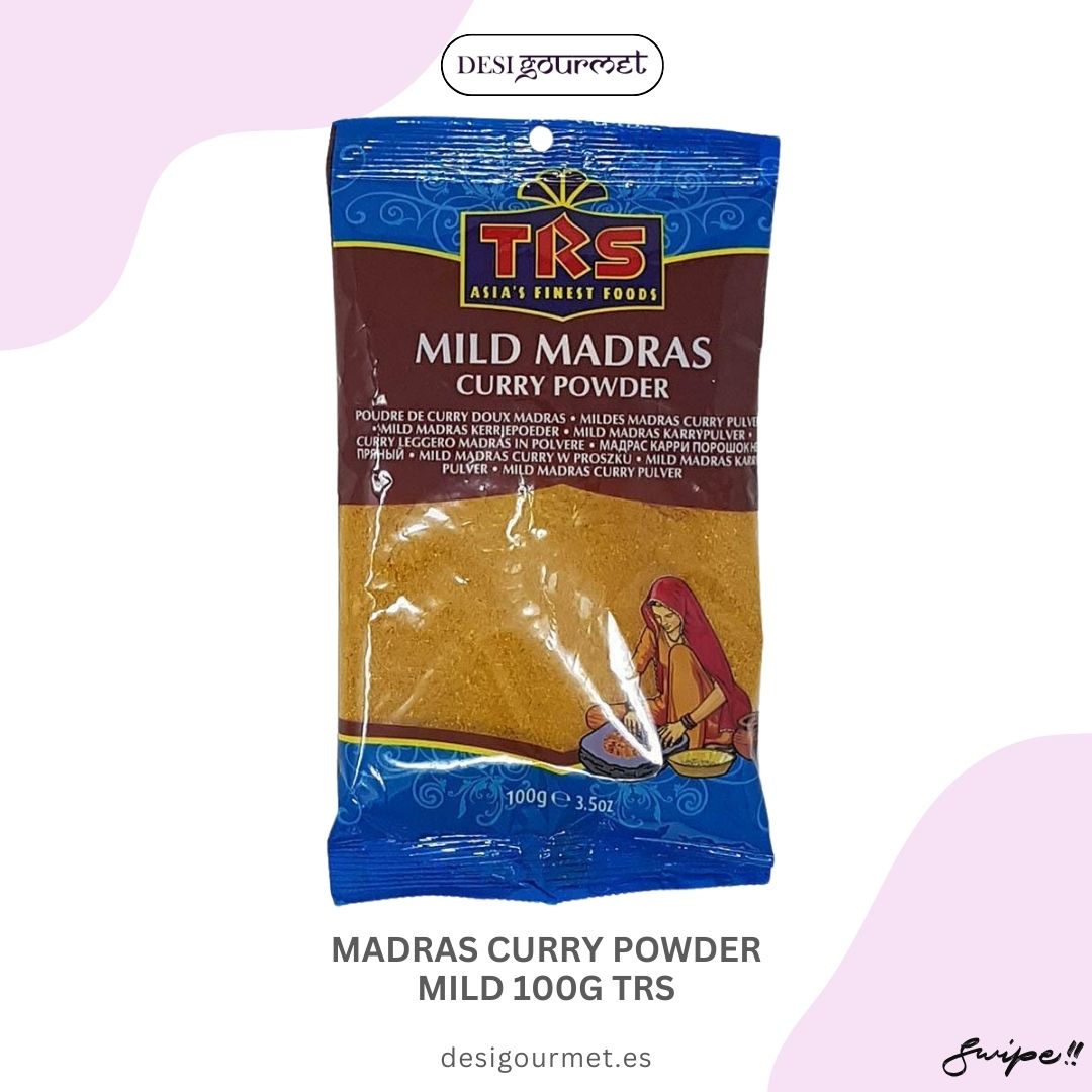 Discover the mild yet flavorful Madras Curry Powder by TRS. Perfect for adding a subtle heat and rich taste to your dishes. Get your 100g pack now at desighubourmet.com.