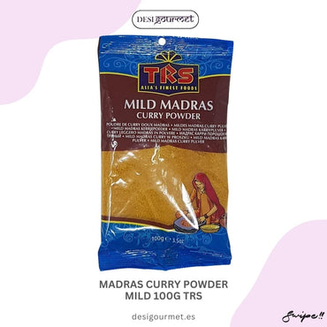 Discover the mild yet flavorful Madras Curry Powder by TRS. Perfect for adding a subtle heat and rich taste to your dishes. Get your 100g pack now at desighubourmet.com.