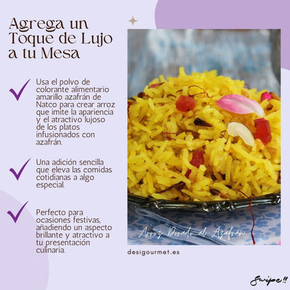 Use Natco Yellow Food Colour Powder to create rice that mimics the luxurious appearance and appeal of saffron-infused dishes. A simple addition that elevates everyday meals to something special. Perfect for festive occasions, adding a bright and attractive look to your culinary presentation.