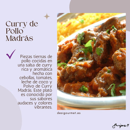 Curry de Pollo Madrás  Meta Description: Enjoy tender chicken cooked in a rich Madras curry sauce with onions, tomatoes, coconut milk, and Madras curry powder. Known for its bold flavors and vibrant colors.
