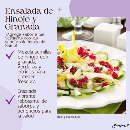 "Agrega sabor a tus verduras con las semillas de hinojo de Natco. Mezcla con granada, verduras y cítricos para una ensalada fresca, vibrante y llena de beneficios para la salud."