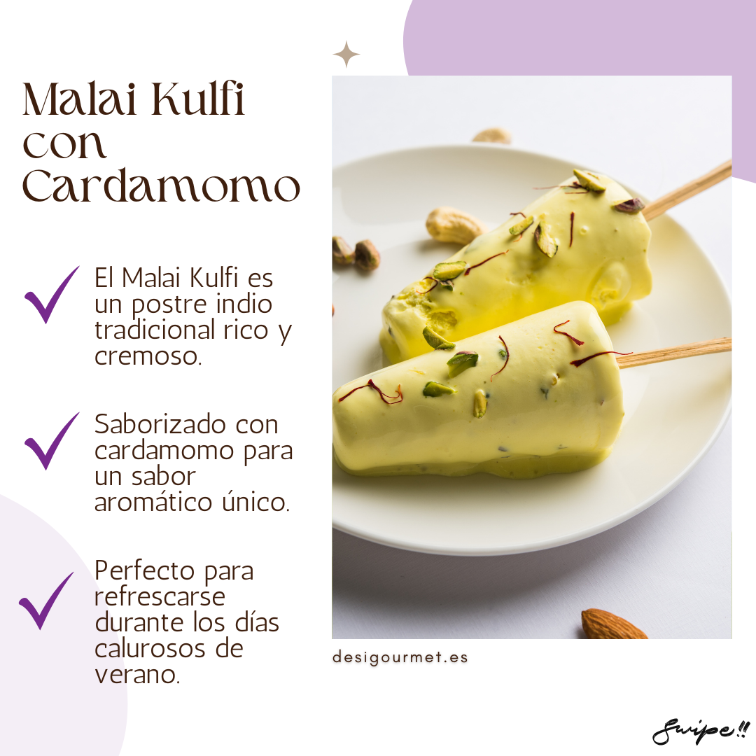 English: Original Malai Kulfi Stick 70ml, creamy Indian dessert infused with delicate rose water.  Spanish: Original Malai Kulfi Stick 70ml, postre indio cremoso infundido con delicada agua de rosas.
