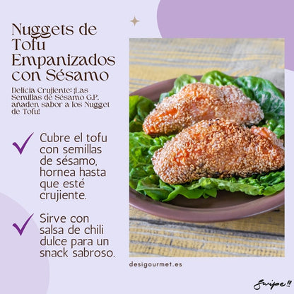 Meta Description: "Nuggets de tofu crujientes con semillas de sésamo, horneados a la perfección. Sirve con salsa de chili dulce para un snack delicioso. #NuggetsDeTofu #CocinaSaludable"