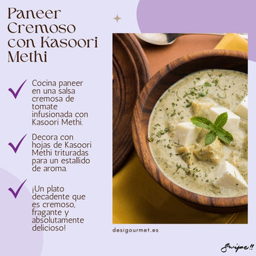 "Delight in creamy paneer with Kasoori Methi. A rich tomato-infused sauce, garnished with dried fenugreek leaves for an aromatic, delectable experience."