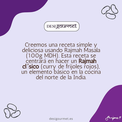 Rajmah Masala Description: "Create a simple and delicious classic Rajmah (red kidney bean curry) using Rajmah Masala 100G MDH. A staple in North Indian cuisine, this dish is both flavorful and nutritious."