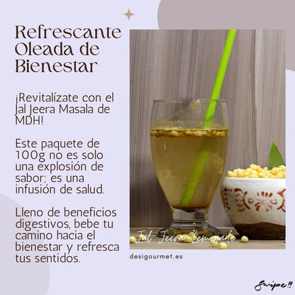 Refrescante Oleada de Bienestar: "Revitalize with Jal Jeera Masala from MDH! This 100g pack offers a burst of flavor and digestive benefits. Enjoy a refreshing journey to wellness with each sip."