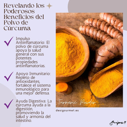 Revelando los Poderosos Beneficios del Polvo de Cúrcuma: "El polvo de cúrcuma ofrece propiedades antiinflamatorias, antioxidantes y digestivas, promoviendo la salud general. Infórmate más en desighubourmet.com."