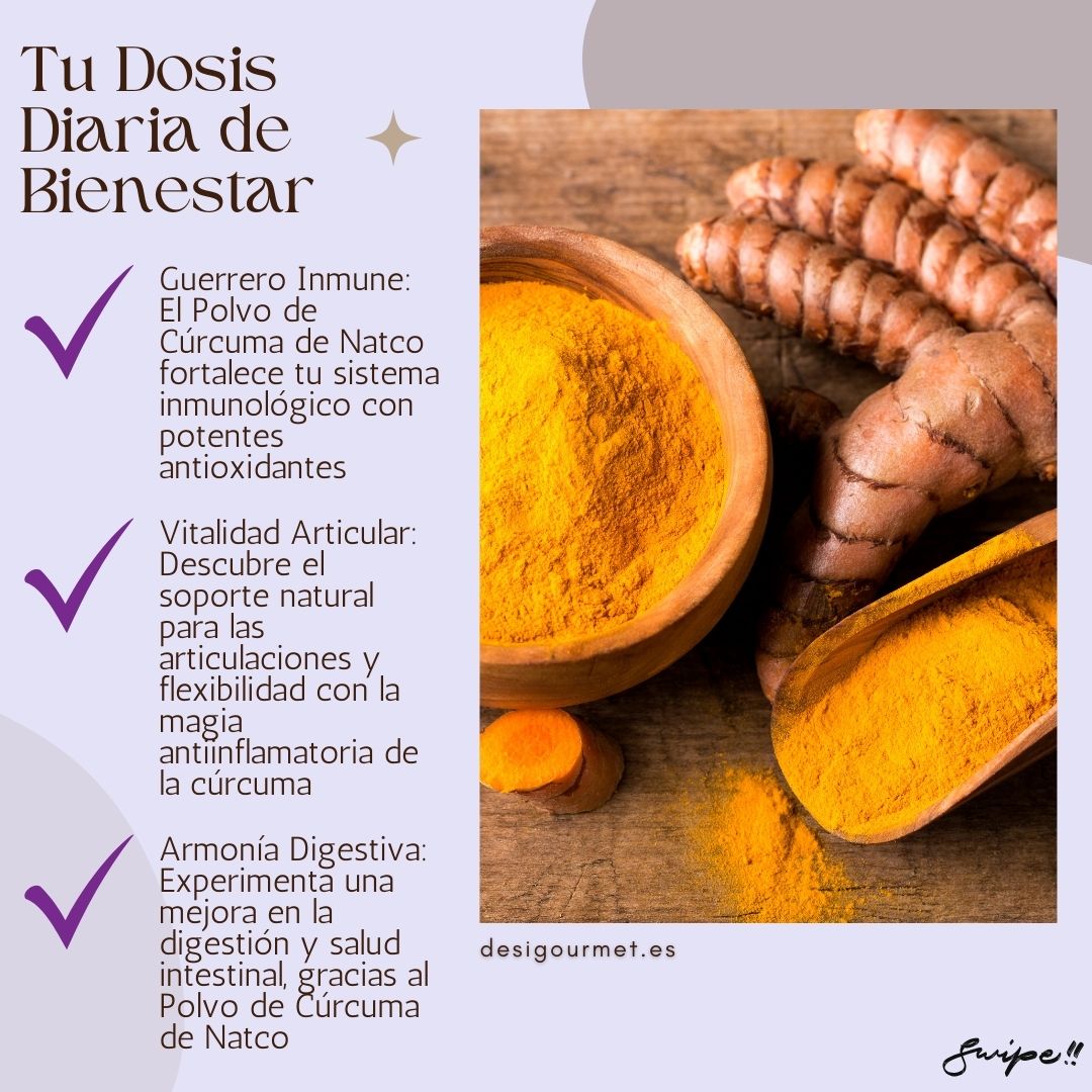 Image 2: Tu Dosis Diaria de Bienestar "Natco Turmeric Powder boosts immunity, supports joint health, and aids digestion. Elevate your wellness with this natural anti-inflammatory spice. desighubourmet.com"