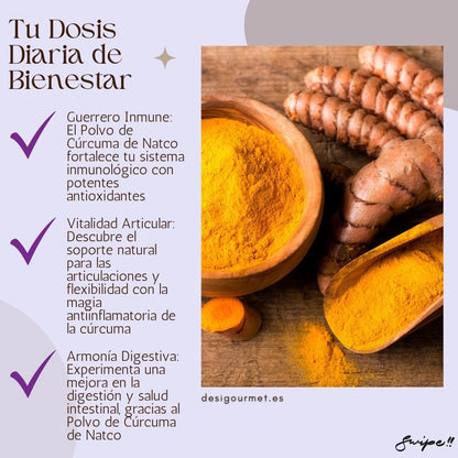Image 2: Tu Dosis Diaria de Bienestar "Natco Turmeric Powder boosts immunity, supports joint health, and aids digestion. Elevate your wellness with this natural anti-inflammatory spice. desighubourmet.com"