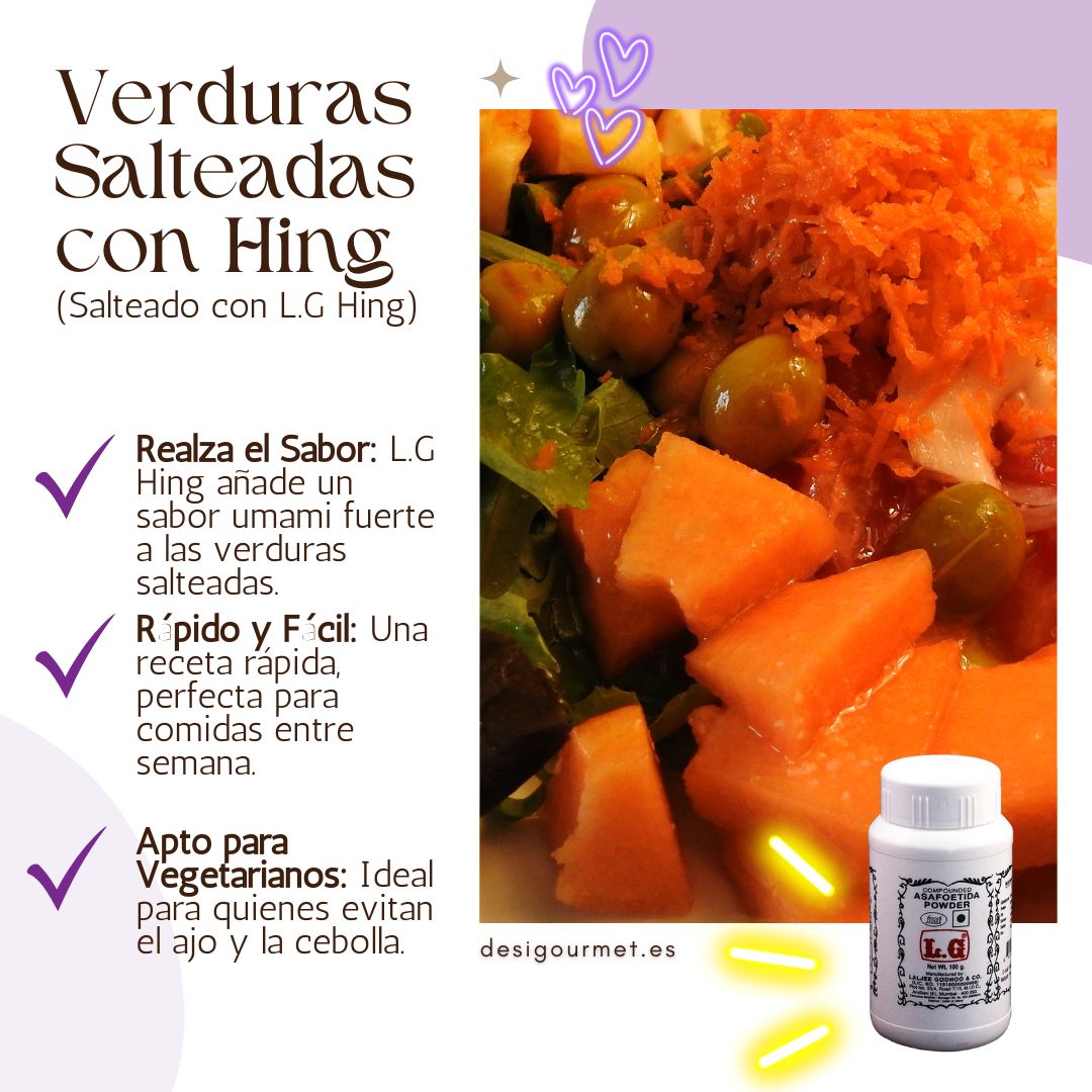 Verduras salteadas con sabor a L.G Hing, que aporta un fuerte sabor umami. Ideal para comidas rápidas entre semana y perfecto para vegetarianos que evitan ajo y cebolla.