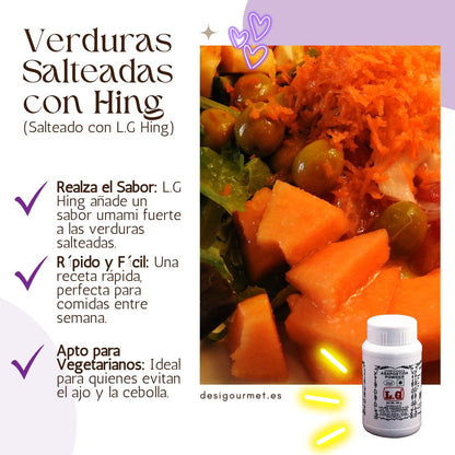 Verduras salteadas con sabor a L.G Hing, que aporta un fuerte sabor umami. Ideal para comidas rápidas entre semana y perfecto para vegetarianos que evitan ajo y cebolla.