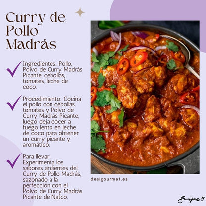 Description: Curry de Pollo Madrás Ingredientes: Pollo, Polvo de Curry Madrás Picante, cebollas, tomates, leche de coco. Procedimiento: Cocina el pollo con cebollas, tomates y Polvo de Curry Madrás Picante, luego deja cocer a fuego lento en leche de coco para obtener un curry picante y aromático. Para llevar: Experimenta los sabores ardientes del Curry de Pollo Madrás, sazonado a la perfección con el Polvo de Curry Madrás Picante de Natco. desighubourmet.com Swipe!!