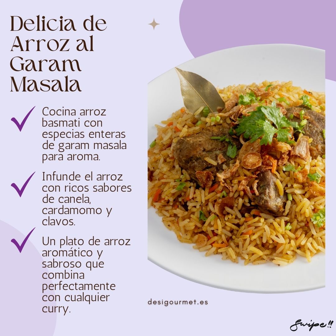 "Cocina arroz basmati con garam masala entero para un plato aromático y sabroso. Infunde el arroz con canela, cardamomo y clavos. Ideal con curry."