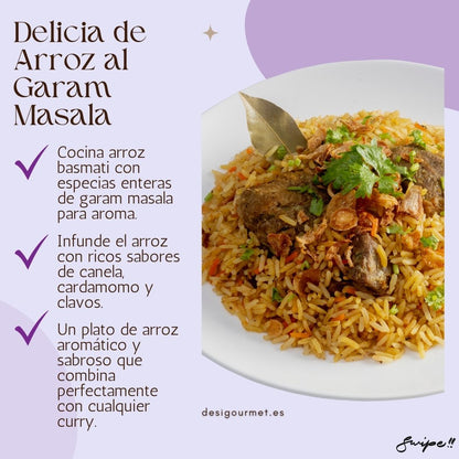 "Cocina arroz basmati con garam masala entero para un plato aromático y sabroso. Infunde el arroz con canela, cardamomo y clavos. Ideal con curry."