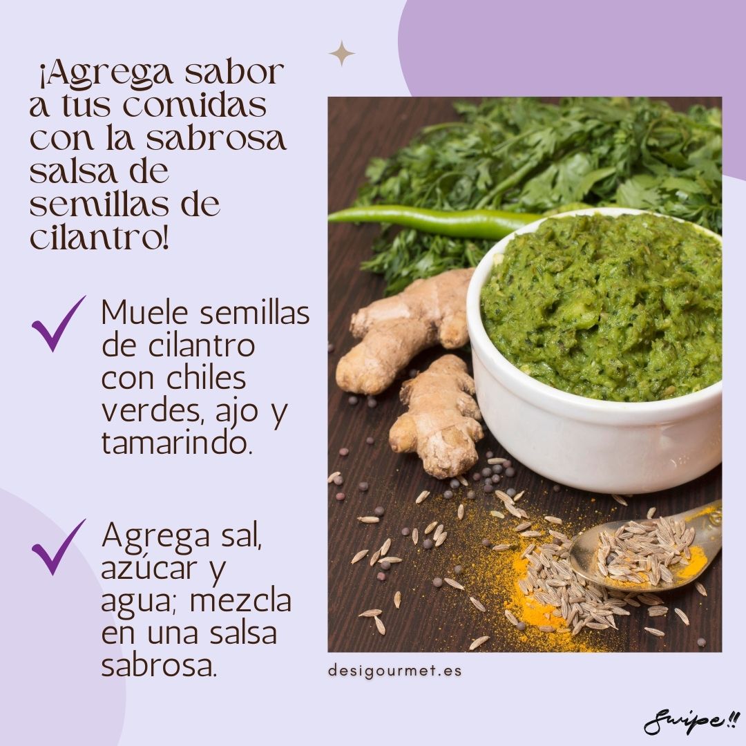 "Add vibrant flavor to your meals with cilantro seed salsa! Grind cilantro seeds with green chilies, garlic, and tamarind for a zesty sauce. Perfect for spicing up any dish."
