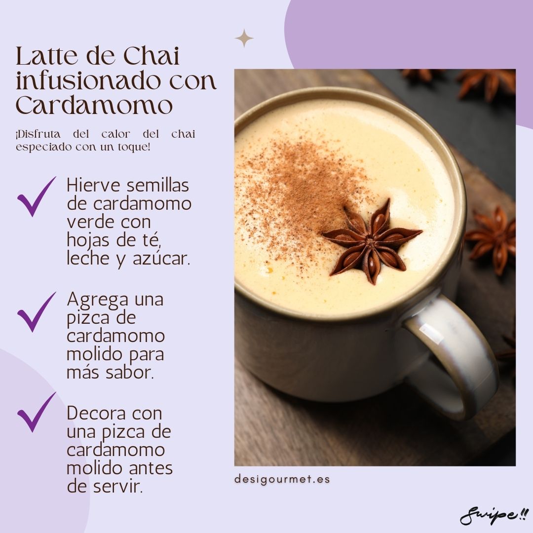 2. Latte de Chai Infusionado con Cardamomo  Meta Description: Enjoy a warm and aromatic Cardamom Chai Latte. Infuse tea leaves, milk, and sugar with green cardamom seeds. Add a pinch of ground cardamom for extra flavor.