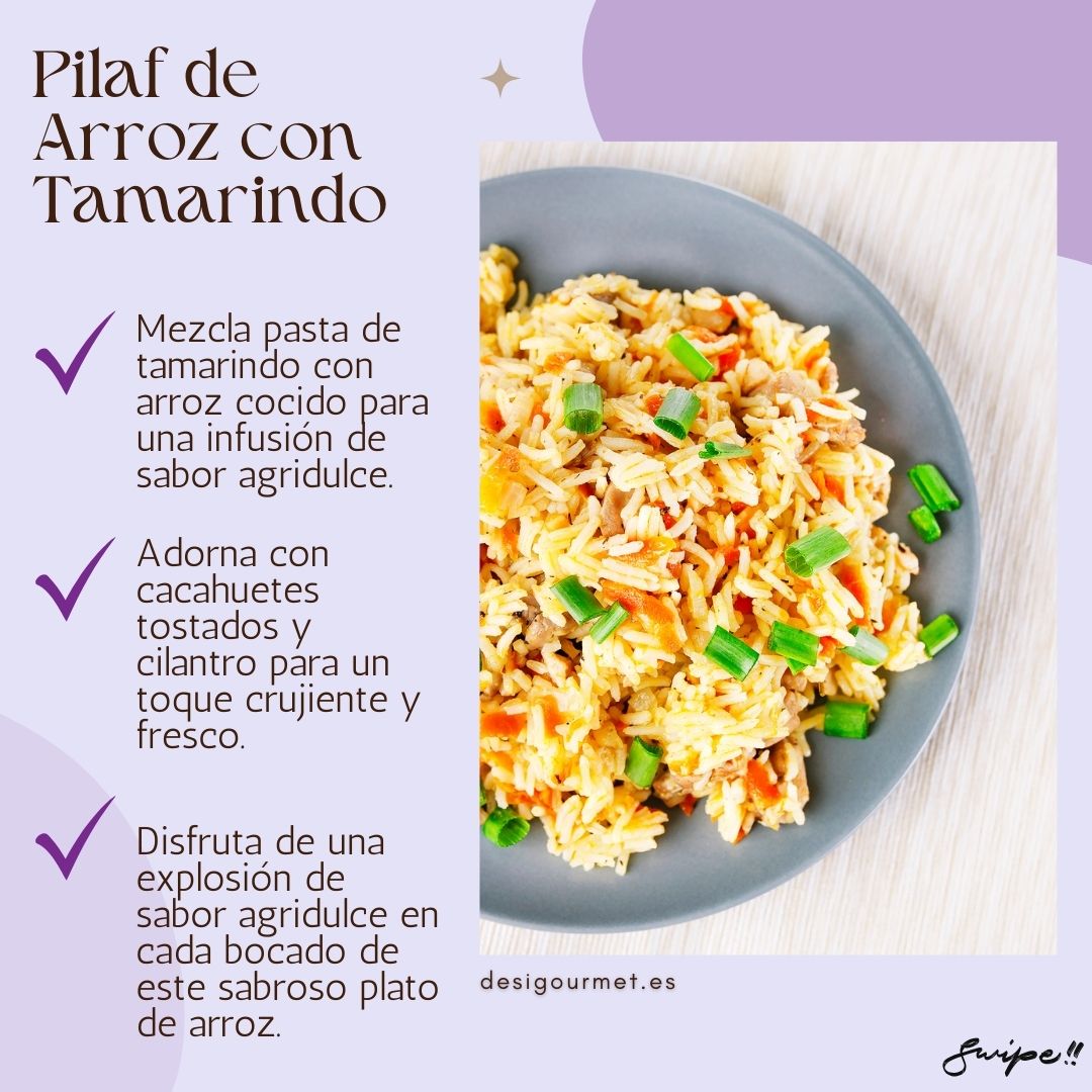 Pilaf de Arroz con Tamarindo: Enjoy a tangy Tamarind Rice Pilaf! Cooked with tamarind paste, topped with peanuts and cilantro, this dish offers a delightful mix of sweet and sour flavors. Try it!