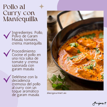 Pollo al Curry con Mantequilla: "Indulge in creamy Pollo al Curry con Mantequilla. Tender chicken cooked in a rich tomato and cream sauce with garam masala. A delightful and aromatic curry experience."