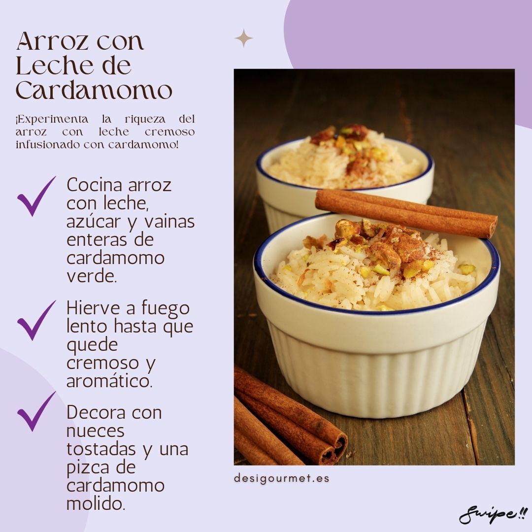 3. Arroz con Leche de Cardamomo  Meta Description: Delight in Cardamom Rice Pudding. Cook rice with milk, sugar, and whole green cardamom pods. Garnish with toasted nuts and a dash of ground cardamom.