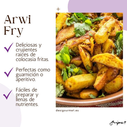 English: Arwi (Colocasia Roots) 340g, ideal for making crispy and delicious fried Arwi. Spanish: Arwi (Raíces de Colocasia) 340g, ideal para hacer Arwi frito crujiente y delicioso.