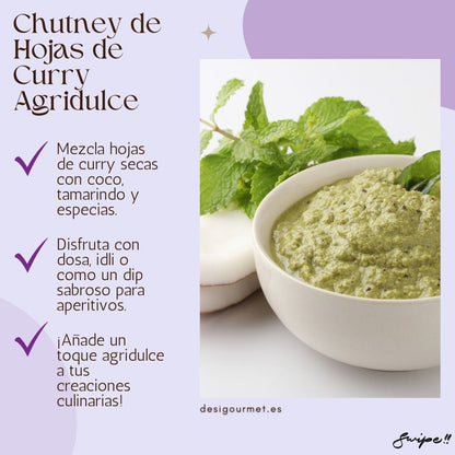 Image: Chutney de Hojas de Curry Agridulce "Sweet and sour curry leaves chutney. Mix with coconut, tamarind, and spices. Enjoy with dosa, idli, or as a tasty dip for appetizers. Adds a tangy touch to your dishes."