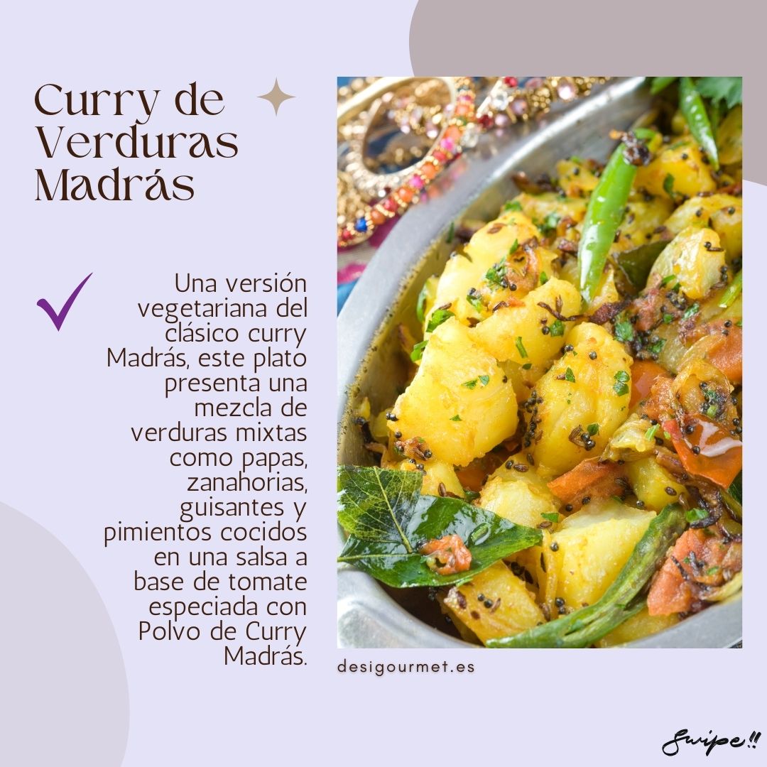 Curry de Verduras Madrás  Meta Description: Savor a vegetarian version of Madras curry with mixed vegetables like potatoes, carrots, peas, and peppers in a spiced tomato-based sauce with Madras curry powder.