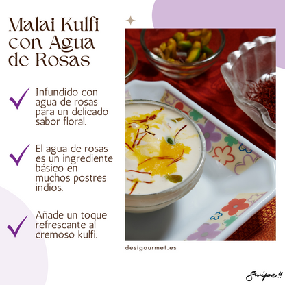 English: Original Malai Kulfi Stick 70ml, rich Indian dessert topped with almonds and pistachios.  Spanish: Original Malai Kulfi Stick 70ml, postre indio rico cubierto con almendras y pistachos.