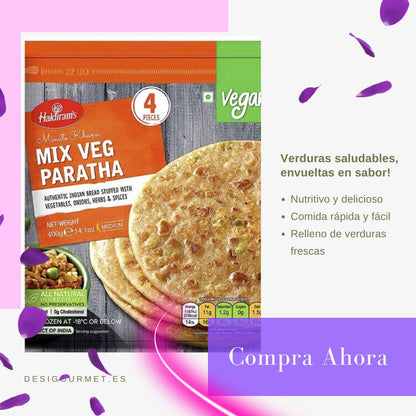 Haldiram's Mix Veg Paratha 400g: Nutritious, easy meal with fresh veggie filling. Authentic Indian paratha. Buy now from desighubourmet.com.