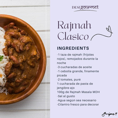 Rajmah Clasico Ingredients: "Ingredients for Rajmah Clasico: red kidney beans, oil, onion, tomatoes, ginger-garlic paste, Rajmah Masala 100G MDH, salt, water, and fresh cilantro. Perfect for a comforting meal."