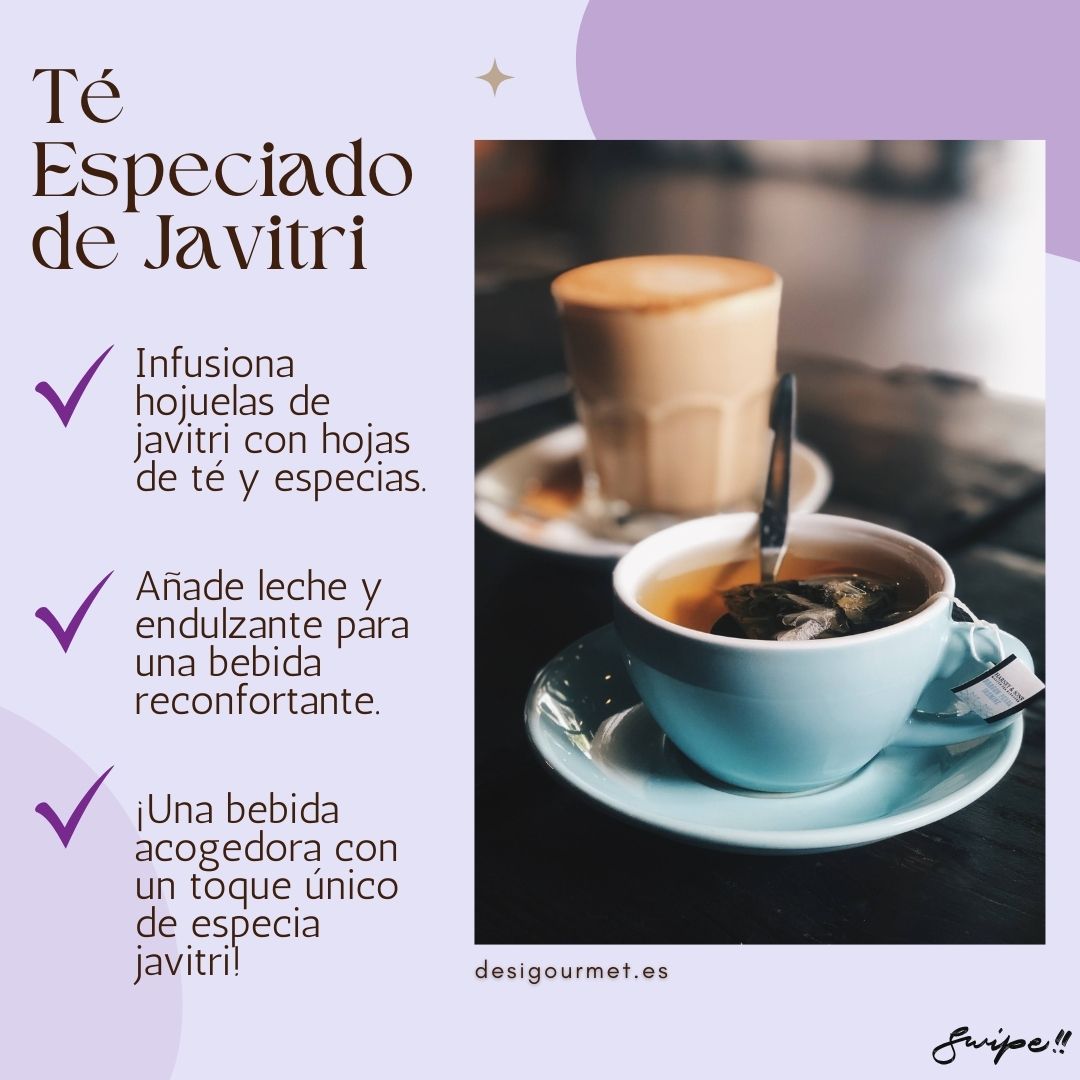 "Infuse javitri flakes with tea leaves and spices. Add milk and sweetener for a comforting drink. A cozy beverage with a unique javitri spice twist."