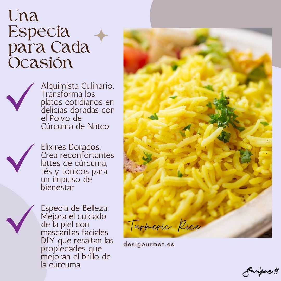 Image 3: Una Especia para Cada Ocasion "Transform daily dishes with Natco Turmeric Powder. Create golden lattes, teas, and beauty masks for glowing skin. Enhance your meals and wellness. desighubourmet.com"
